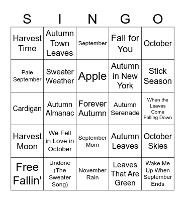 Autumn SINGO Bingo Card