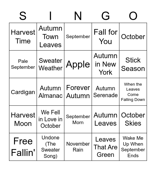 Autumn SINGO Bingo Card