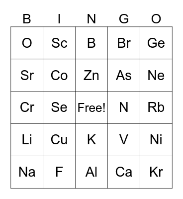 Periodic Table Bingo Card
