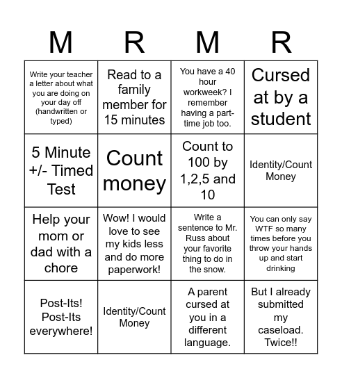 Mr. Russ AMI DAYS 1 and 2 Bingo Card