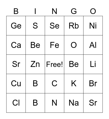 Periodic Table Bingo Card