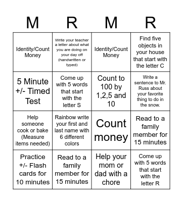 Mr. Russ AMI DAYS 1 and 2 Bingo Card