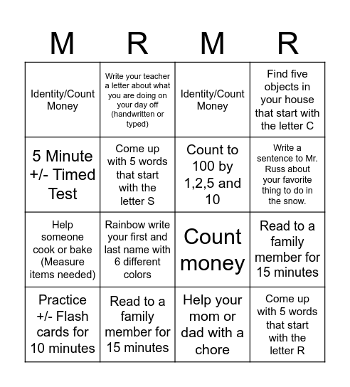 Mr. Russ AMI DAYS 1 and 2 Bingo Card