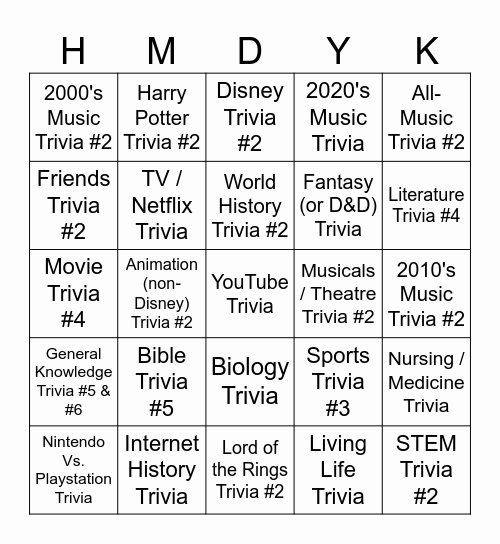 HMDYK presents: 2025 Trivia Theme BINGO! Bingo Card