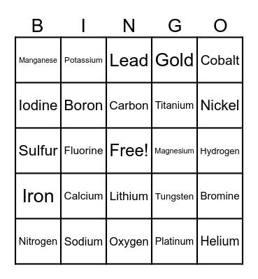 Periodic Table Bingo Card