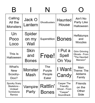 Spooky Music Bingo! Bingo Card