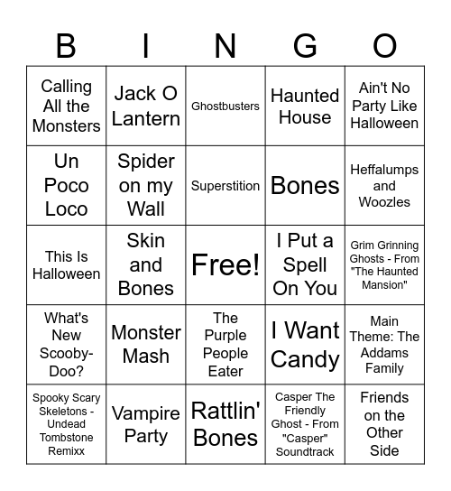 Spooky Music Bingo! Bingo Card