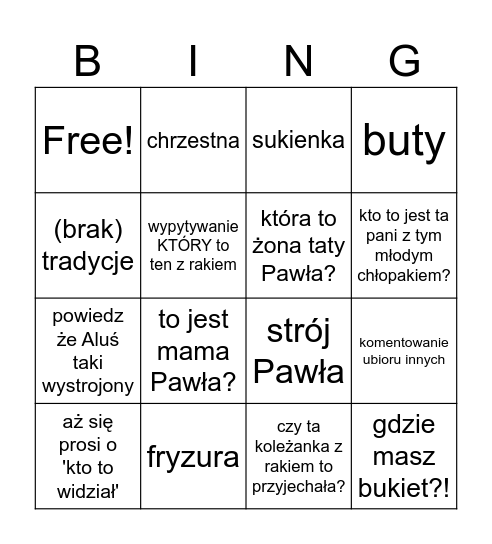 Udo czego dojebie się moja matka na ślubie! Bingo Card