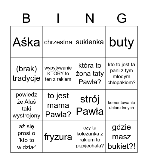 Udo czego dojebie się moja matka na ślubie! Bingo Card