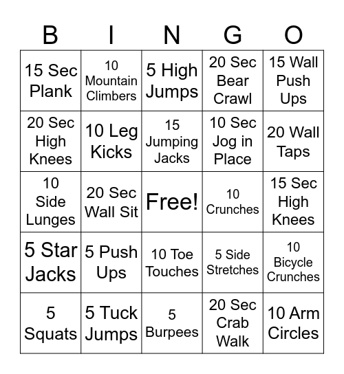 Exercise BINGO Card