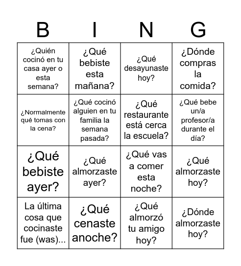 Bingo del pretérito y comida Bingo Card