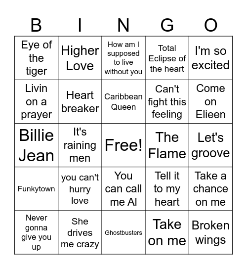 1980's HITS!!!! Bingo Card