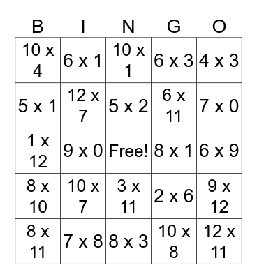 Math Facts Bingo Card