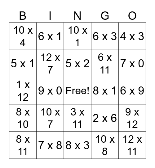 Math Facts Bingo Card