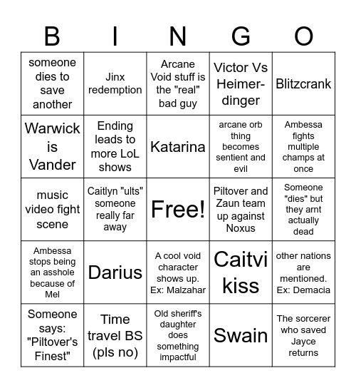 Arcane Season 2 Bingo Card