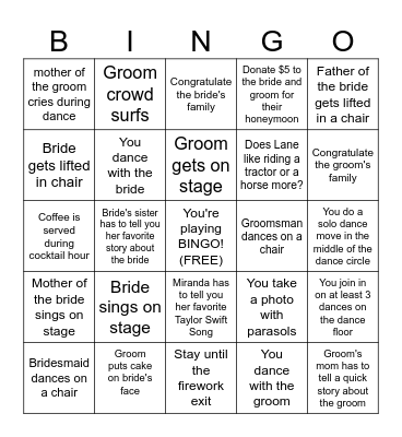 MIRANDA & LANE WEDDING Bingo Card
