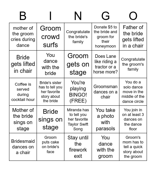 MIRANDA & LANE WEDDING Bingo Card