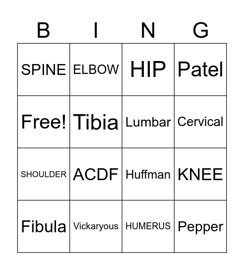 Happy Ortho Nurse's Week Bingo Card