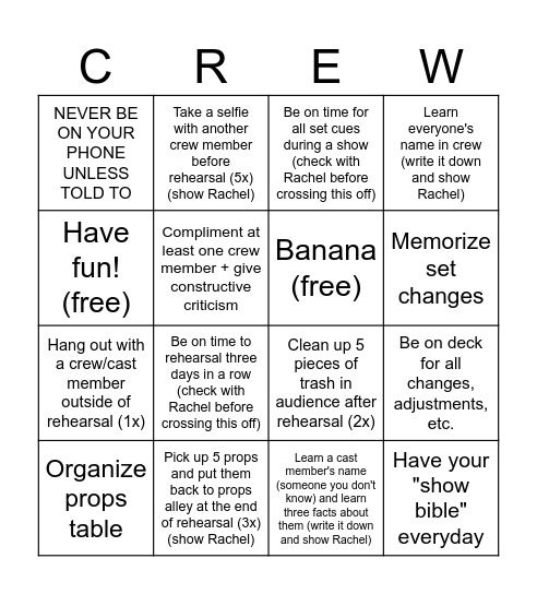 CREW KIDS BINGO Card