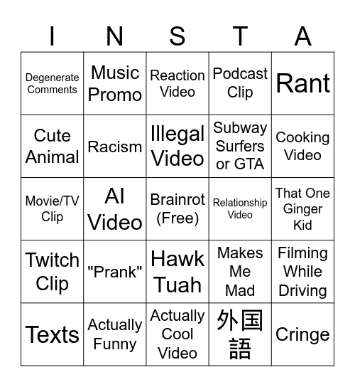 Instagram Reels Bingo Card