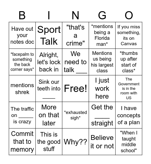 Mr. Copeland Quotes and Actions Bingo Card