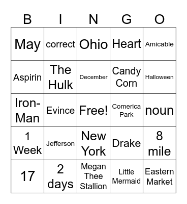 Vocabulary Stuff Bingo Card