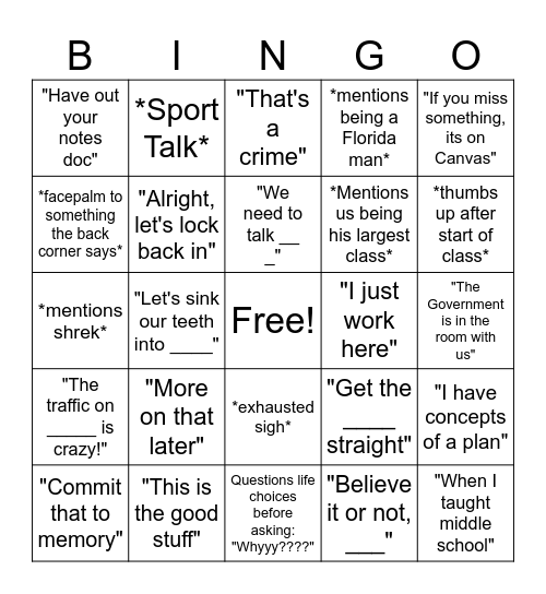 Mr. Copeland Quotes and Actions Bingo Card