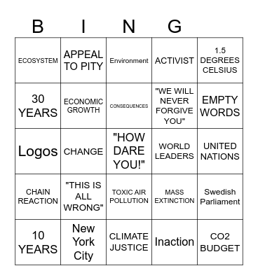 GRETA THUNBERG BINGO Card