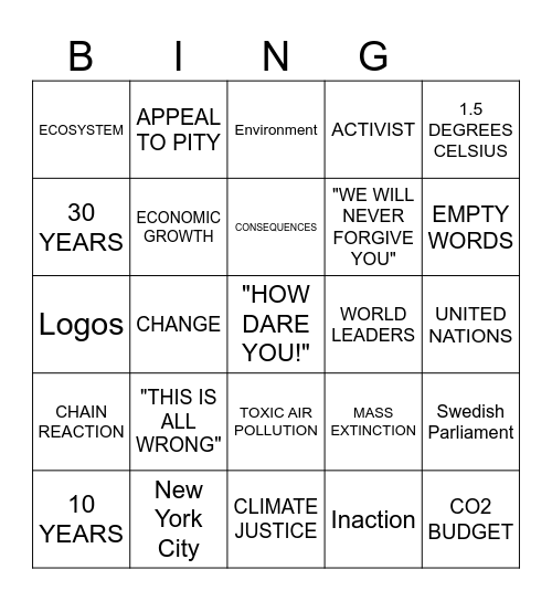 GRETA THUNBERG BINGO Card