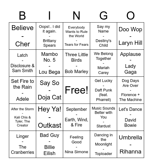 GME Musical Bingo Card