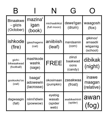 Fall Terms in Ojibwe Bingo Card