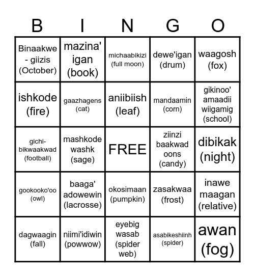 Fall Terms in Ojibwe Bingo Card