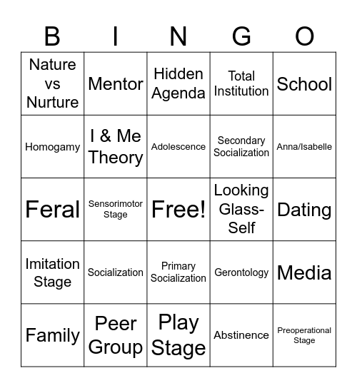 Adult/Adolescence In Society Jingo Bingo Card