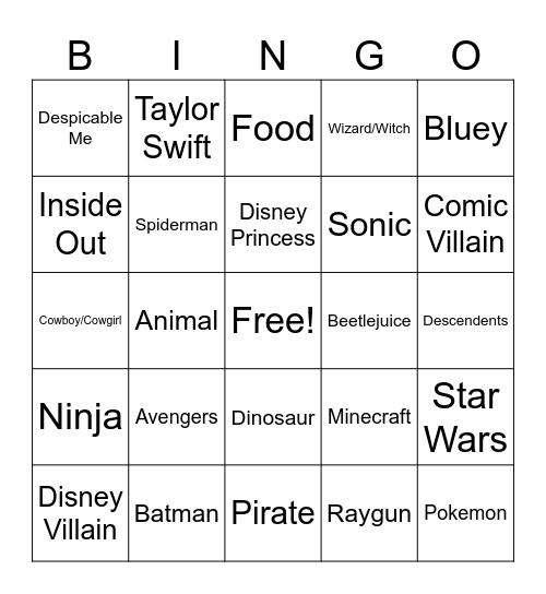 Yinghua Costume Parade Bingo Card