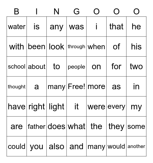 High Frequency Word BINGO Card