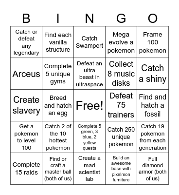Pixelmon Bingo Card