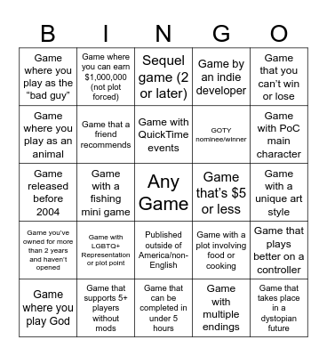 Video Game Bingo Card