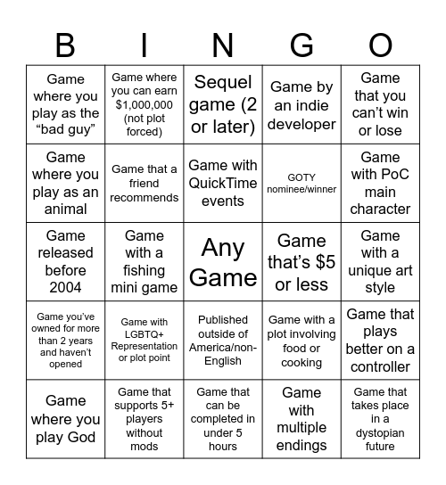 Video Game Bingo Card