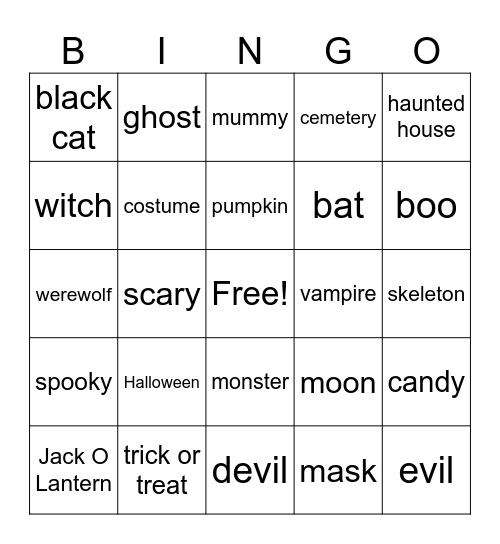 Halloween Vocabulary Bingo Card