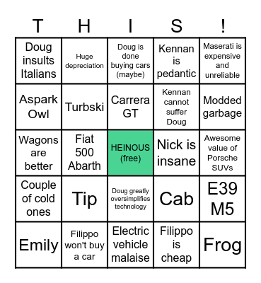THIS! Car Pod Bingo Card