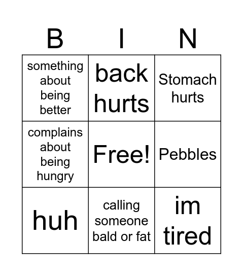 Colin Bingo Card