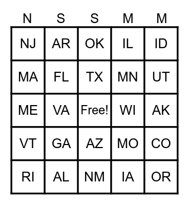 U. S. STATES BY REGIONS Bingo Card