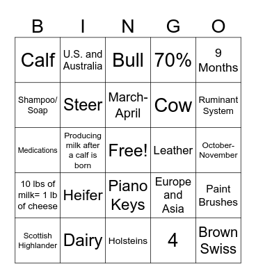 All About Cows Bingo Card