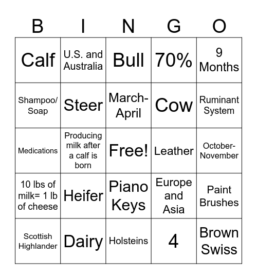 All About Cows Bingo Card