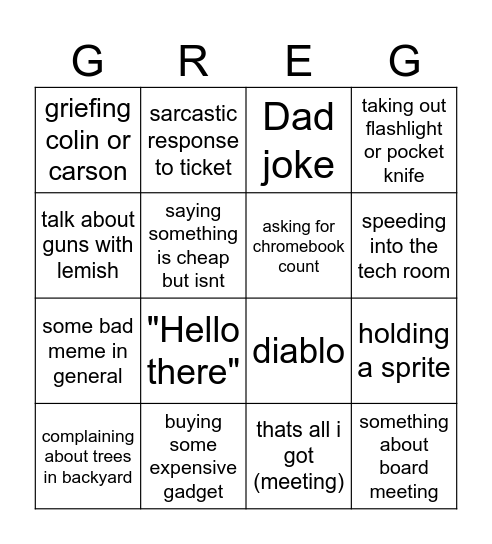 Greg Bingo Card