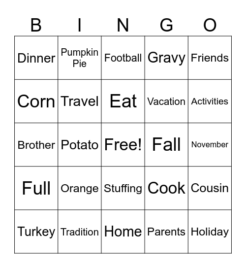 Thanksgiving Bingo Card