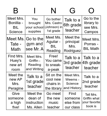 5th Grade Sneak-a-Peak Bingo Card