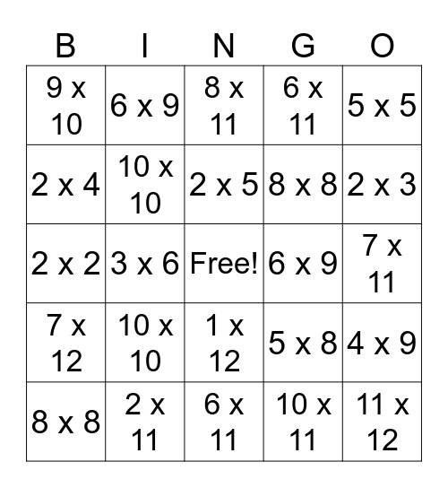 Multiplication Bingo Card