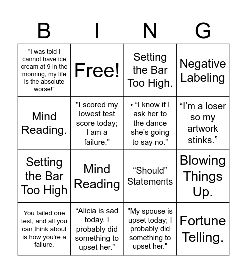 thinking errors Bingo Card