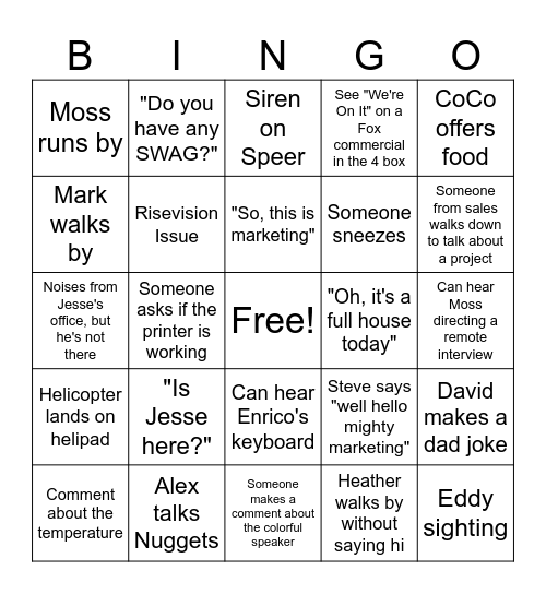 Marketing Area Bingo Card